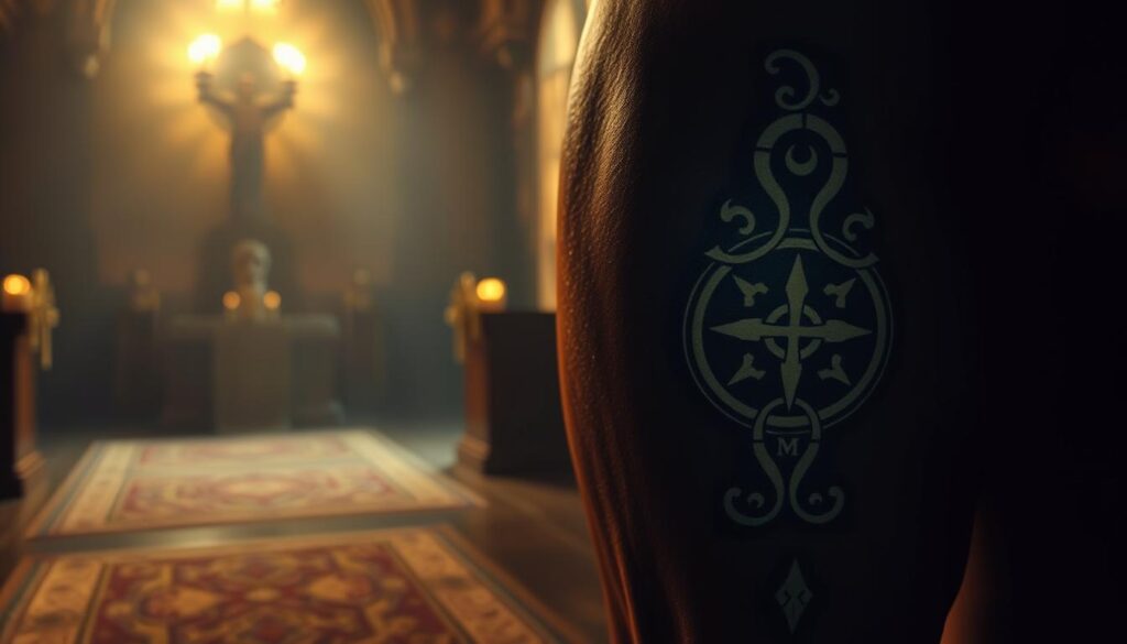 A revelation of symbolic thigh inscription, captured with a cinematic, dramatic flair. In the foreground, a muscular, tattooed thigh is the focal point, the skin marked with intricate, biblical-inspired designs that seem to glow with an otherworldly light. The middle ground features a dimly lit, atmospheric environment, hinting at a spiritual, contemplative setting. In the background, subtle hints of religious iconography and architectural elements create a sense of reverence and mystery. The lighting is a mix of warm, directional illumination and deep, moody shadows, lending an air of sacred significance to the scene. The overall composition is balanced, drawing the viewer's eye to the central thigh inscription, a symbolic representation of the revelations about tattoos in the Bible.