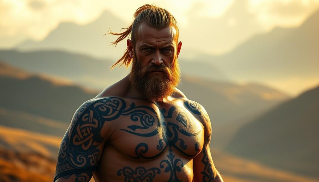 A rugged Celtic warrior stands tall, their body adorned with intricate tattoos that tell the story of their fierce spirit. Swirling patterns of Celtic knots and symbols cover their muscular arms, chest, and back, casting an ethereal glow under the warm, golden light. The warrior's intense gaze reflects a deep connection to their ancestral heritage, their eyes filled with a mix of unwavering determination and quiet contemplation. In the background, a misty, ancient landscape of rolling hills and towering mountains sets the stage for this timeless display of cultural identity and warrior spirit.