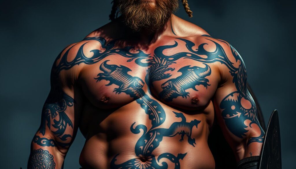 A rugged Viking warrior stands tall, their muscular frame adorned with intricate tattoos that tell a story of their people's rich cultural heritage. The tattoos flow across their skin like winding rivers, depicting ancient Nordic symbols, fierce animal motifs, and stylized patterns that evoke the untamed wilderness. The lighting is dramatic, casting deep shadows that accentuate the contours of the body and the bold lines of the tattoos. The background is hazy, allowing the focus to remain on the striking visual display of the warrior's ink-decorated physique, capturing the essence of the controversial debate surrounding the use of tattoos versus body paint in Viking culture.