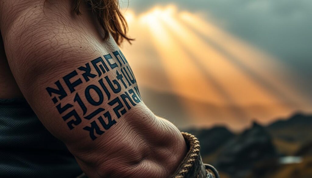 A rugged Viking warrior's arm, adorned with intricate tattoos of ancient Nordic runes. The runes are etched in bold, angular lines, their surfaces glistening as if freshly inked. The skin bears the weathered marks of battle, a testament to the warrior's stoic resolve. In the background, a moody, mist-shrouded landscape evokes the harsh beauty of the Norse lands. Beams of soft, golden light pierce through the fog, casting a warm, mystical glow upon the Viking's runic tattoos. The composition emphasizes the power and symbolism of these ancient markings, capturing the essence of the warrior's proud Viking heritage.