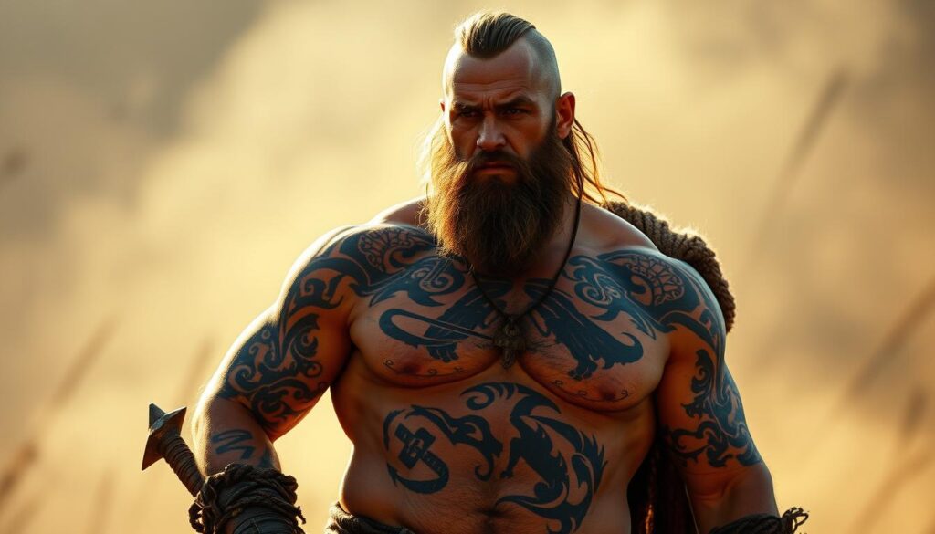 A rugged and weathered Viking warrior stands tall, their body adorned with intricate tattoos that tell a story of their clan, battles, and beliefs. The ink flows across their skin like a tapestry, weaving together symbols of the Norse gods, runes, and geometric patterns that hint at their connection to the natural world. The scene is bathed in a warm, golden light that casts dramatic shadows, emphasizing the warrior's powerful physique and the bold, swirling designs that cover their arms, chest, and back. The background is hazy, with a sense of movement and energy that evokes the spirit of the Viking culture. The overall impression is one of strength, resilience, and a deep-rooted tradition that has endured through the ages.