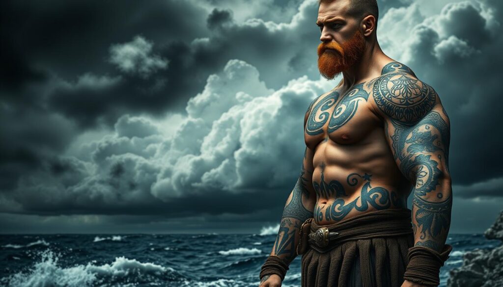 A rugged, weathered Nordic seascape with billowing storm clouds overhead. In the foreground, a bold collection of Viking tattoos cover the muscular arms and torso of a fierce warrior. Intricate knot patterns, runes, and Nordic symbols swirl across the skin, evoking the ancient traditions and warrior heritage of the Vikings. The tattoos are rendered in a bold, high-contrast style, with deep shadows and highlights that accentuate their powerful, primal energy. The warrior stands resolute, their gaze steely and determined, embodying the Viking spirit of strength, courage, and unwavering loyalty. A moody, atmospheric lighting illuminates the scene, casting dramatic shadows and imbuing the image with a sense of mystery and timeless grandeur.