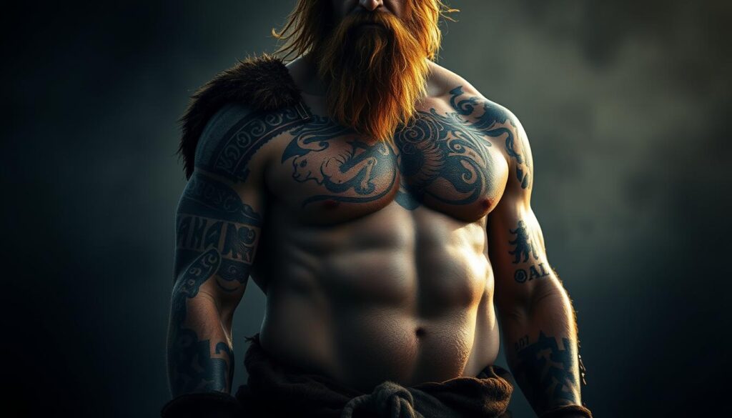 A rugged, weathered Viking warrior stands tall, their muscular frame adorned with intricate tattoos. Swirling patterns of Nordic runes and mythical beasts cover their arms and torso, each mark a testament to their strength and heritage. The lighting is dramatic, casting deep shadows that accentuate the defined contours of their body. The background is hazy, a moody, atmospheric setting that transports the viewer to a bygone era of Viking exploration and conquest. The overall impression is one of power, resilience, and the enduring spirit of these legendary seafarers.