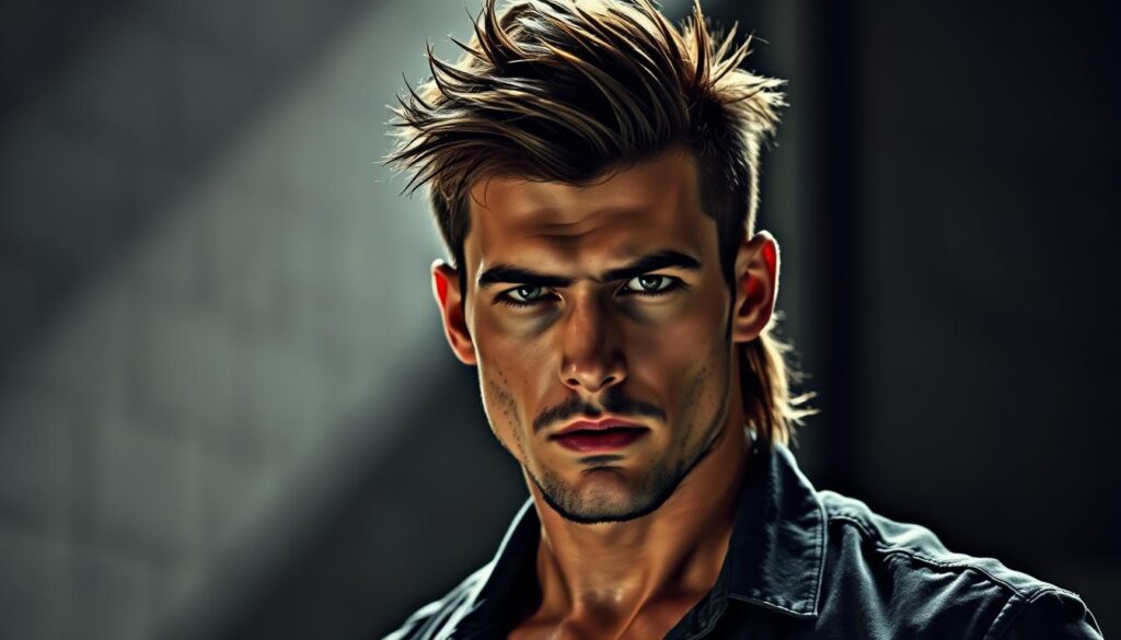 A ruggedly handsome man with a striking wolf cut mullet hairstyle stands confidently, his intense gaze capturing the camera. Dramatic, moody lighting casts dynamic shadows across his chiseled features, accentuating the edgy, rebellious nature of his look. The layered, textured hair frames his face, creating an effortlessly cool, slightly disheveled aesthetic. In the background, a minimalist, industrial setting with muted tones provides a stylish, urban backdrop, complementing the model's edgy, contemporary vibe. This captivating image perfectly encapsulates the allure of the wolf cut mullet, a head-turning hairstyle that embraces bold individuality.