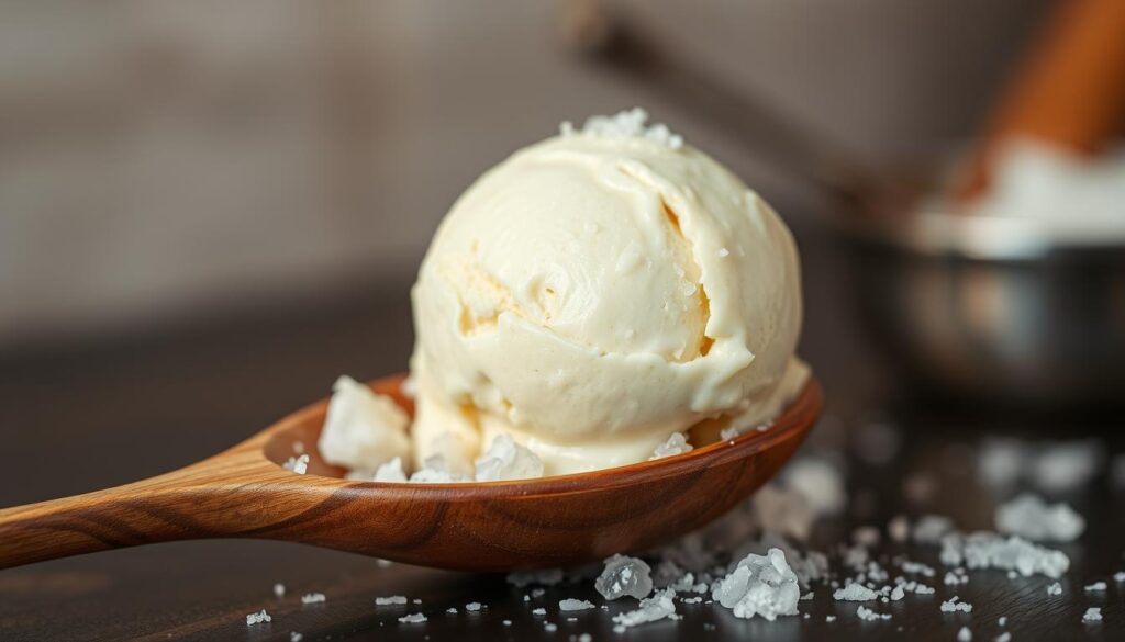 A scoop of creamy, handcrafted ice cream sits atop a rustic wooden spoon, glistening with a light dusting of coarse sea salt. The frozen treat appears to have a rich, silky texture, with a subtle hint of sweetness that is perfectly balanced by the savory, briny notes of the salt. The background is filled with a soft, warm glow, casting a natural, inviting atmosphere, as if the image was captured in a cozy kitchen or quaint ice cream parlor. The lighting is soft and diffused, accentuating the delicate nature of the dessert. The camera angle is slightly elevated, allowing the viewer to appreciate the intricate details and presentation of this unique and tantalizing salty ice cream creation.