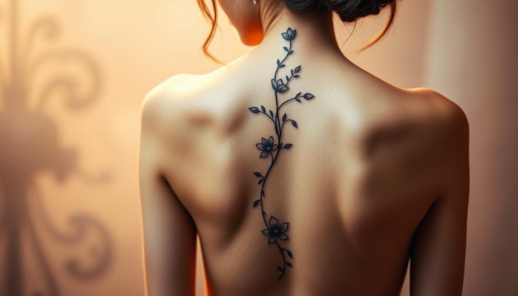 A sensual and ethereal spine tattoo design, featuring a delicate floral motif that winds its way gracefully down the model's back. Soft lighting casts an alluring, feminine glow, highlighting the intricate lines and patterns of the tattoo. The model is captured in a relaxed, contemplative pose, allowing the tattoo to take center stage as a symbol of personal expression and inner strength. The background is hazy and dreamlike, creating an atmospheric, almost mystical setting that complements the beauty and symbolism of the tattoo.