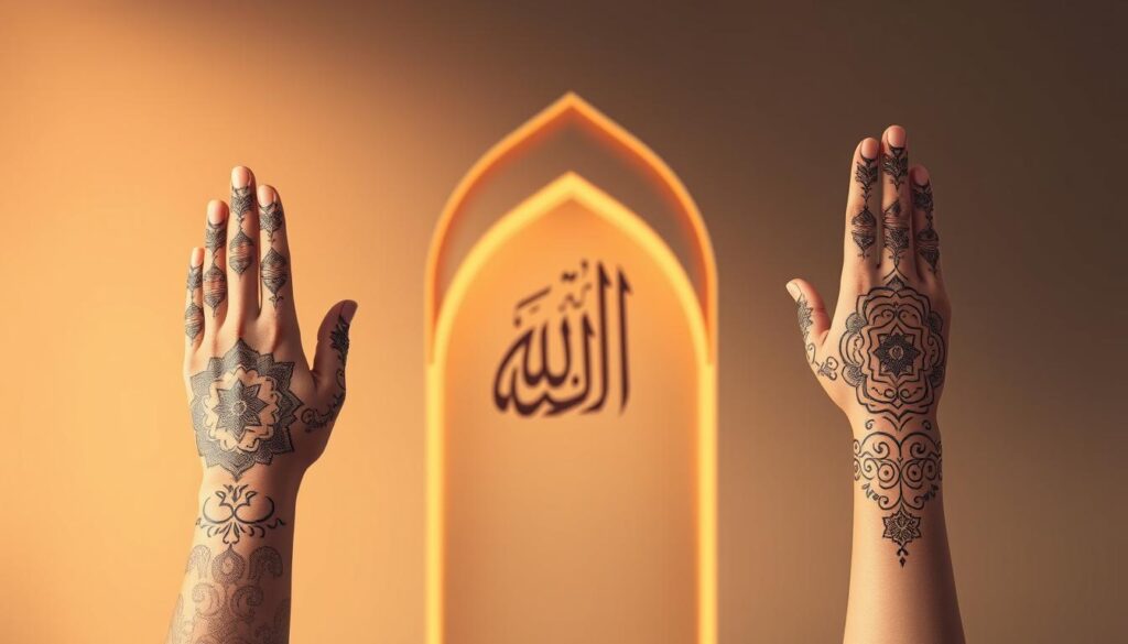 A serene Arabic-inspired illustration showcasing practical guidelines for Islamic tattoos. In the foreground, intricate henna-like patterns adorn the hands and arms of both a man and a woman, symbolizing the permissible designs. The middle ground features a calligraphic Islamic motif, its elegant strokes conveying spiritual significance. In the background, a softly-lit mihrab arch frames the scene, evoking a sense of reverence and devotion. Subtle warm lighting casts an ethereal glow, creating an atmosphere of thoughtful contemplation. The composition is balanced and harmonious, reflecting the principles of Islamic art.
