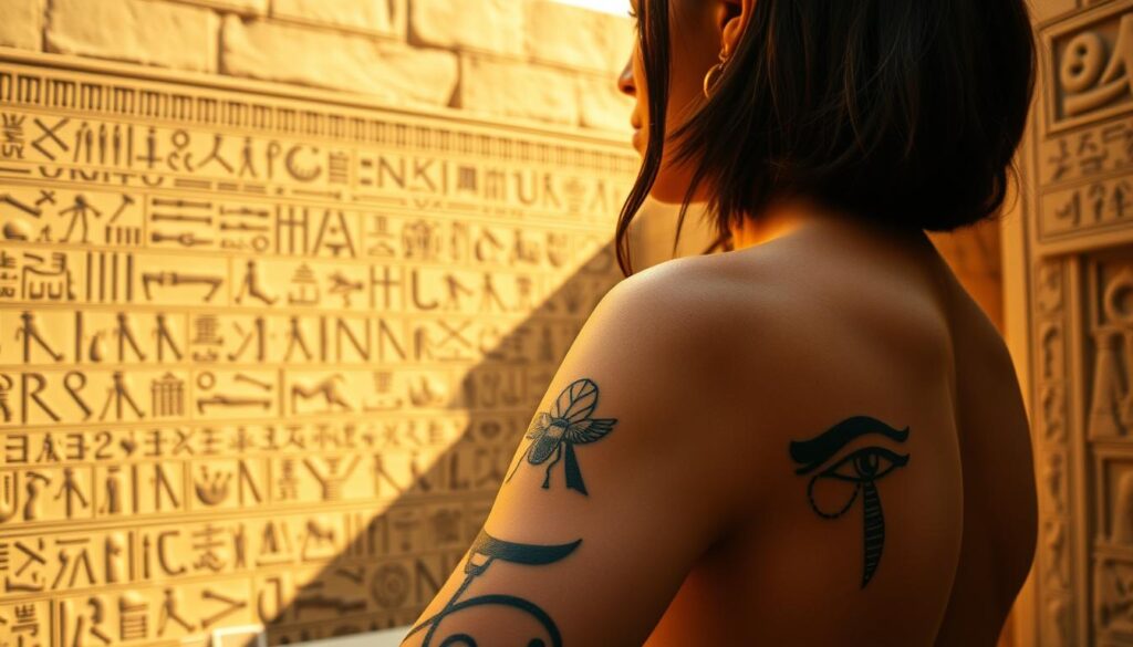 A serene Egyptian setting with hieroglyphic-adorned temple walls as the backdrop. In the foreground, a model's arm is extended, showcasing intricate tattoo designs inspired by ancient Egyptian motifs - lotus flowers, scarab beetles, and the iconic eye of Horus. The lighting is soft and warm, casting a golden glow that accentuates the tattoos' intricate details. The camera angle is slightly elevated, providing a clean, unobstructed view of the tattoo placement on the model's upper arm and shoulder. The overall mood is one of reverence and cultural appreciation, capturing the essence of Egyptian art and symbolism.