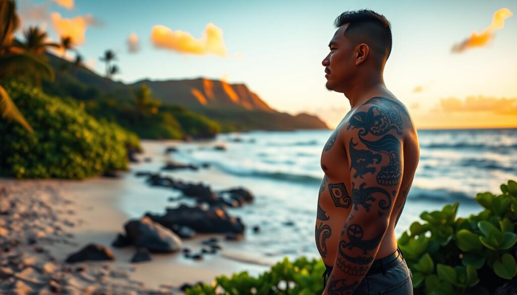 A serene Hawaiian beach at sunset, the warm light casting a golden glow over the lush, verdant foliage. In the foreground, a collection of intricate, traditional Hawaiian tattoo designs swirl and flow across the skin of a figure, each symbol imbued with deep cultural significance and ancestral wisdom. The tattoos feature a harmonious blend of flowing lines, geometric patterns, and iconic island imagery like waves, turtles, and tropical flowers. The subject stands tall, their pose radiating a sense of pride and connection to their heritage. The scene is captured with a cinematic, wide-angle lens, emphasizing the harmony between the human form and the natural world.