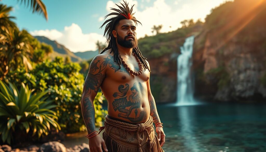 A serene Hawaiian landscape with lush, verdant foliage and a tranquil waterfall cascading into a crystal-clear pool. In the foreground, a traditional Hawaiian warrior stands proud, their body adorned with intricate, culturally significant tattoos that symbolize their heritage, strength, and connection to the land. The tattoos flow seamlessly across their skin, showcasing the rich artistry and deep meaning behind this ancient practice. Warm, golden lighting bathes the scene, creating a sense of timelessness and spiritual resonance. The overall composition evokes a profound reverence for the cultural traditions and beliefs that are embodied within the Hawaiian tattoo.