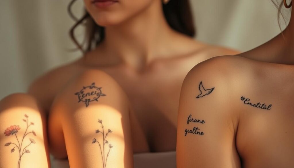 A serene and empowering scene of inspirational tattoos for women, captured in soft, warm lighting. In the foreground, delicate floral and nature-inspired designs adorn the skin, symbolizing growth, resilience, and connection to the natural world. The middle ground features minimalist yet meaningful designs like symbolic birds, celestial motifs, and empowering affirmations. In the background, a muted, ethereal backdrop allows the tattoos to take center stage, exuding a sense of personal expression and inner strength. The overall composition conveys a feminine, introspective, and uplifting atmosphere, showcasing the profound significance of inspirational tattoos for women.