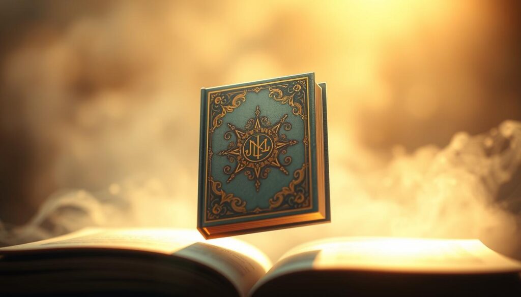 A serene and ethereal book-shaped symbol floats in a dreamlike, soft-focus setting. The cover is adorned with delicate, gilded flourishes and ornamental patterns, radiating an aura of literary elegance. Subtle rays of warm, ambient light filter through a hazy, atmospheric background, creating a sense of timeless, contemplative wonder. The symbol is captured from a slightly elevated angle, conveying a sense of reverence and significance. The overall composition evokes the profound, transcendent nature of literary symbolism and its profound impact on the human experience.