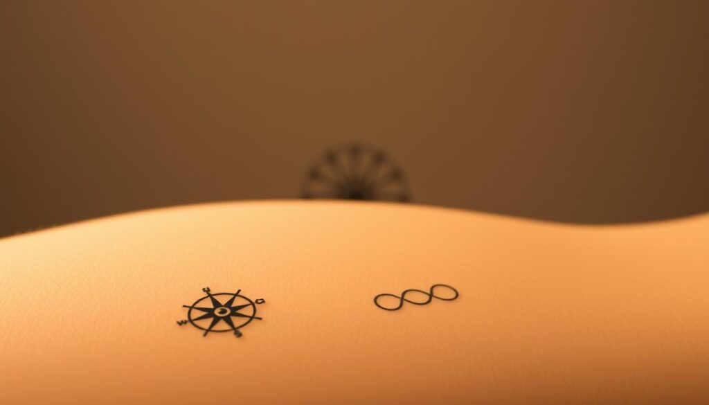 A serene and minimalist composition showcasing a thoughtful arrangement of symbolic tattoo motifs. In the foreground, delicate line art depicts a compass rose, a tree of life, and an infinity symbol - each representing guidance, growth, and the eternal. In the middle ground, a simple yet striking mandala pattern radiates outward, evoking themes of balance and wholeness. The background is rendered in muted, earthy tones, creating a sense of grounded tranquility. Soft, warm lighting casts a gentle glow, and the perspective is slightly elevated to instill a meditative quality. The overall mood is one of introspection, honoring the profound meanings behind small, meaningful tattoos.