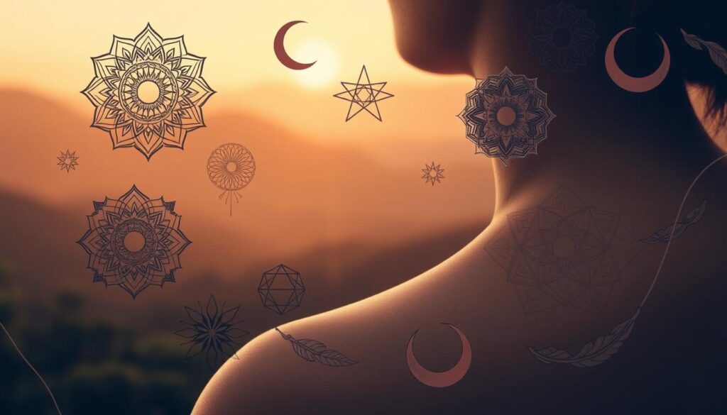 A serene and mystical collage of spiritual tattoo symbols, bathed in a warm, diffused light. In the foreground, intricate mandalas and geometric patterns flow across skin, their lines and curves imbued with a sense of sacred geometry. Surrounding them, ethereal symbols like crescent moons, celestial stars, and stylized feathers dance across the frame, hinting at connections between the earthly and the divine. In the background, a hazy, dreamlike landscape sets the stage, with silhouetted mountains and a softly glowing horizon line. The overall atmosphere is one of contemplation, inner reflection, and a reverence for the mysteries of the spiritual realm.
