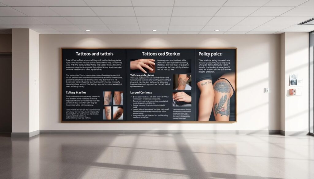 A serene and professional healthcare facility interior, with an emphasis on a large wall display showcasing various healthcare-related tattoo policies. The display features different types of tattoos - from small, discrete designs to larger, more prominent ones - alongside corresponding policy guidelines and explanations, conveying a sense of transparency and clear communication. The lighting is soft and indirect, creating a calm and welcoming atmosphere. The room is spacious, with clean lines and muted colors, reflecting the organized and well-regulated nature of the healthcare environment. The overall scene communicates a balance between personal expression and professional standards, encouraging a thoughtful and inclusive approach to tattoos in the healthcare workplace.