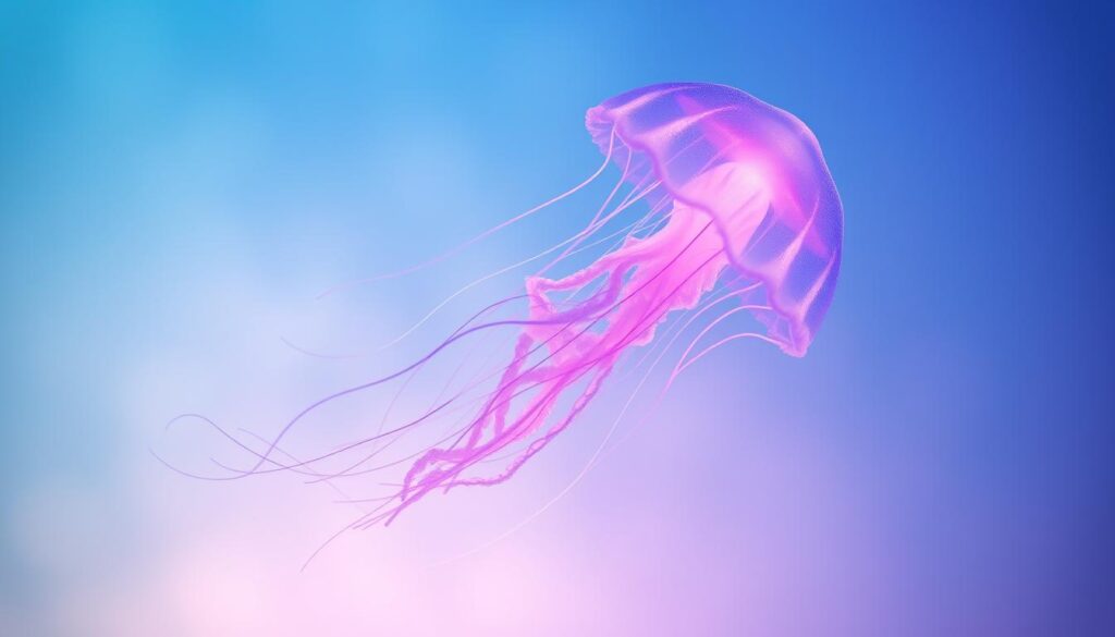 A serene and vibrant jellyfish tattoo design, featuring a delicate, ethereal creature floating amidst a mesmerizing underwater scene. The jellyfish's tentacles sway gently, their bioluminescent hues shimmering under the soft, diffused lighting. The background showcases a dreamlike seascape, with shades of deep blue, teal, and violet creating a calming, meditative atmosphere. The overall composition emphasizes the graceful, otherworldly nature of the jellyfish, capturing its essence as a symbol of tranquility, resilience, and the mysteries of the deep. Precise, photorealistic rendering with a focus on intricate details and subtle gradients to achieve a visually striking, high-quality tattoo design.