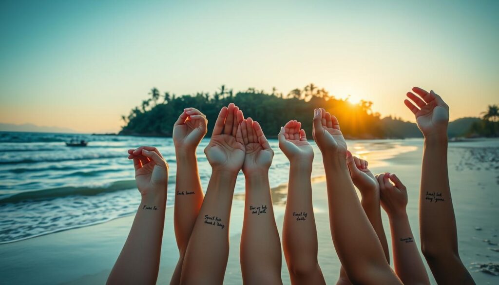 A serene beach setting, the sun gently kissing the horizon. In the foreground, a collection of diverse human limbs in various poses, showcasing the best spots for small, meaningful quote tattoos - a delicate wrist, a strong shoulder, a graceful neck. The middle ground features a tranquil ocean, its waves lapping the shore, creating a soothing ambiance. In the background, a lush, verdant forest stands tall, adding depth and a sense of grounding to the scene. The lighting is soft and diffused, casting a warm, golden glow over the entire composition. The camera angle is slightly elevated, providing a visually appealing perspective that highlights the natural beauty of the setting and the thoughtfully placed human elements.