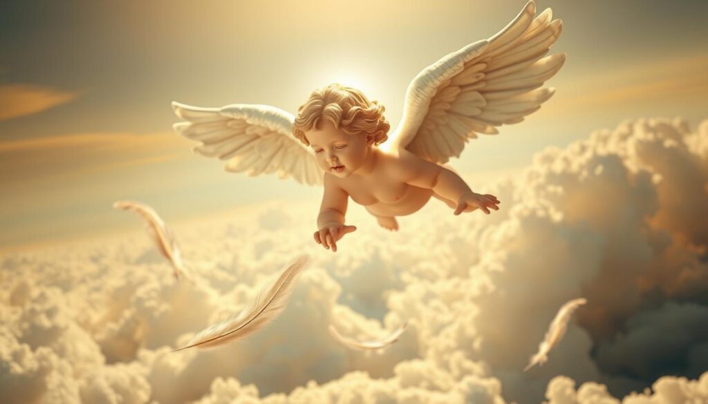 A serene celestial scene depicting the symbolism of angels in the Bible. In the foreground, a majestic winged cherub hovers with an aura of divine light radiating from its form. Its piercing gaze and intricate features convey a sense of otherworldly wisdom. In the middle ground, delicate feathers drift gently, creating a sense of ethereal grace. The background is a breathtaking expanse of clouds, soft hues of gold and amber, evoking the heavenly realm. The overall atmosphere is one of reverence, mysticism, and the profound connection between the human and the divine.
