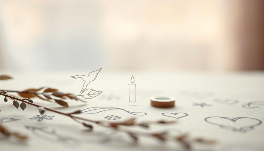 A serene, close-up composition of delicate, hand-drawn symbols and icons representing grief, memory, and healing. In the foreground, a soft, muted palette of earthy tones with soothing, organic shapes like feathers, leaves, and flowing lines. In the middle ground, subtly interwoven symbols like a mourning dove, a single lit candle, and a simple, minimalist heart. The background is hazy and out-of-focus, creating a sense of intimacy and personal reflection. The lighting is gentle, almost like diffused natural sunlight, casting a warm, comforting glow. The overall mood is contemplative, melancholic, yet hopeful, conveying the journey of grief and healing.