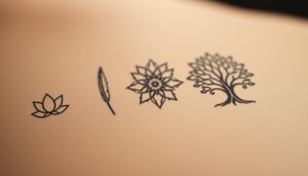 A serene, close-up composition showcasing a collection of inspirational tattoo symbols in muted, earthy tones. In the foreground, delicate line-art depictions of a lotus flower, a minimalist compass, and a simple feather float against a softly blurred background. The middle ground features a meditative mandala design and a symbolic tree of life, rendered in a fluid, organic style. Subtle shadows and highlights accentuate the tactile, hand-drawn quality of the elements. The overall mood is one of tranquility, introspection, and a reverence for the power of symbolic imagery.