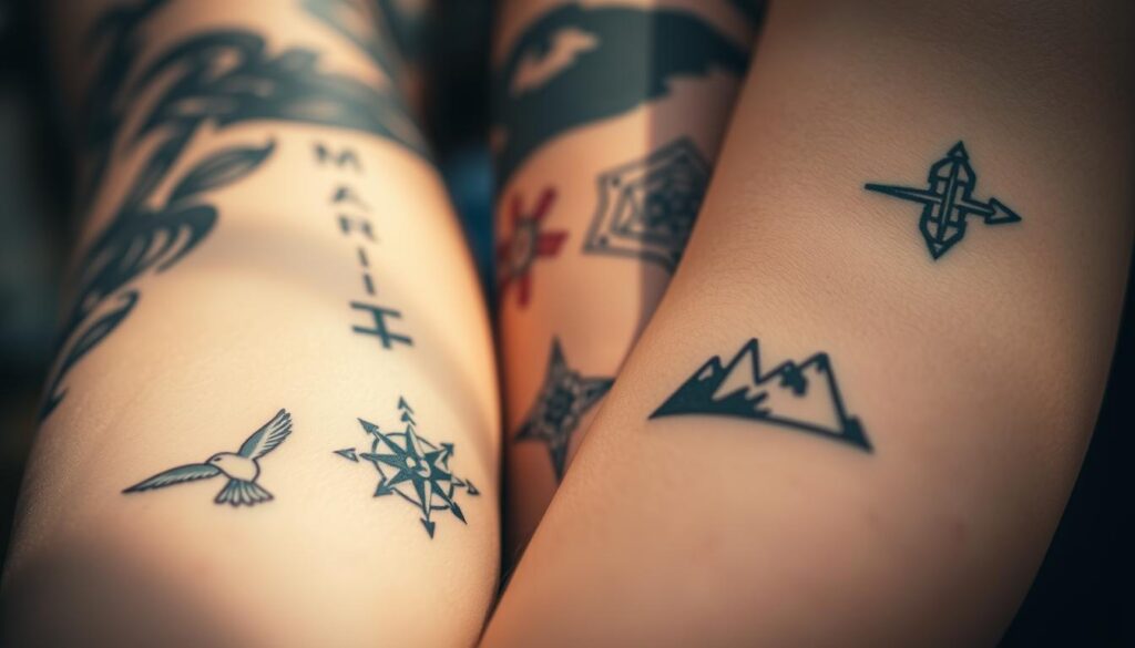 A serene close-up of a diverse set of meaningful tattoos, each with a unique story and personal significance. The foreground showcases intricate designs, ranging from delicate line art to bold, symbolic imagery - a bird in flight, a compass rose, a minimalist mountain range. The middle ground blends into a softly blurred background, creating a sense of focus and intimacy. Warm, natural lighting casts gentle shadows, highlighting the textures and contours of the skin. The overall mood is one of quiet reflection, inviting the viewer to contemplate the power of personal expression through body art.