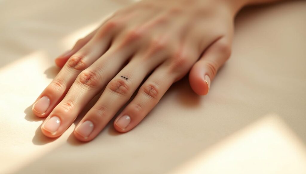 A serene close-up of a hand gently resting on a soft, pale skin surface, showcasing the delicate placement of a small, minimalist tattoo design. The tattoo, perhaps a simple line drawing or a dot pattern, is highlighted by warm, natural lighting that casts subtle shadows, emphasizing the contours of the skin. The composition is tight, focusing the viewer's attention on the tranquil, meaningful placement of the ink. The overall mood is one of quiet contemplation and the beauty found in simplicity.