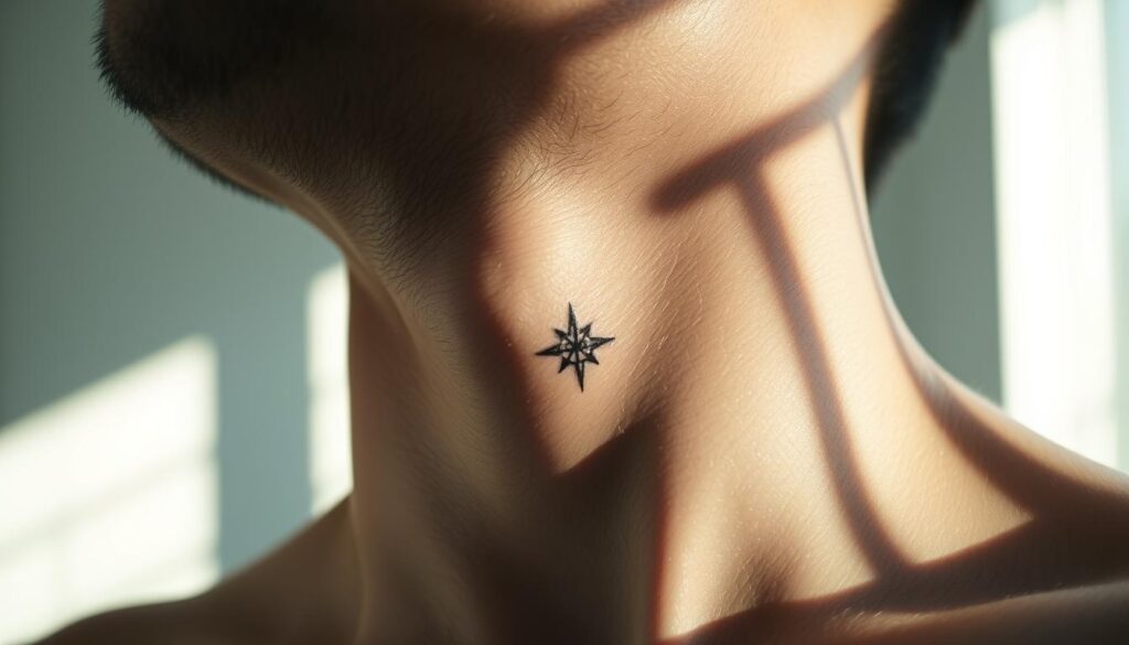 A serene close-up of a male's neck, featuring a minimalist, symbolic tattoo design. The tattoo is prominently displayed, its delicate lines and intricate patterns casting intriguing shadows against the subject's skin. The lighting is soft and diffused, highlighting the subtle textures and tones of the neck. The background is blurred, placing the focus entirely on the meaningful artwork adorning the skin. The overall mood is contemplative, inviting the viewer to ponder the personal significance and deeper symbolism behind the chosen neck tattoo design.
