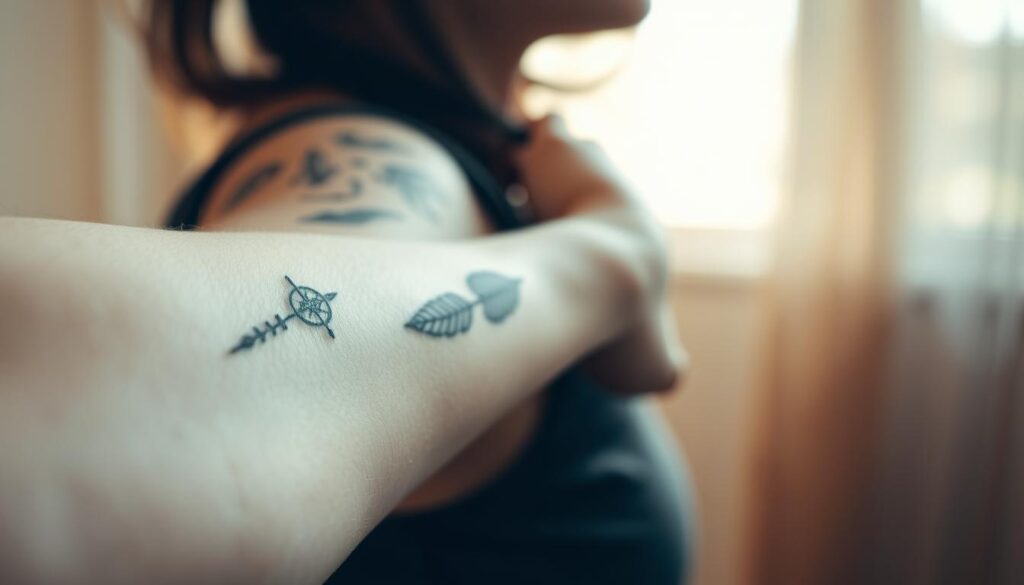 A serene close-up of a person's arm, featuring a collection of intricate sobriety tattoos in muted tones. The foreground showcases delicate line-work depicting symbolic elements such as feathers, waves, and a compass, all subtly blending together. The middle ground captures the person's skin texture and the faded edges of the tattoos, conveying a sense of resilience and personal journey. The background is softly blurred, directing the viewer's focus to the meaningful ink adorning the arm. The lighting is natural and warm, casting a gentle glow on the tattoos, evoking a sense of tranquility and introspection.