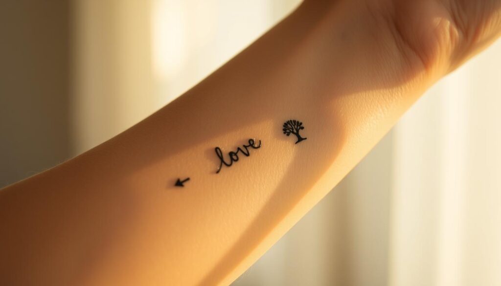 A serene close-up of a person's arm, showcasing a series of delicate, minimalist tattoos in memory of a beloved father. The tattoos feature symbolic elements such as a small compass, a simple cursive script, and a subtle silhouette of a tree against a softly blurred background. The lighting is warm and diffused, casting a gentle glow on the skin and creating a contemplative, introspective atmosphere. The composition is balanced and draws the viewer's attention to the meaningful, heartfelt design of the memorial tattoos.