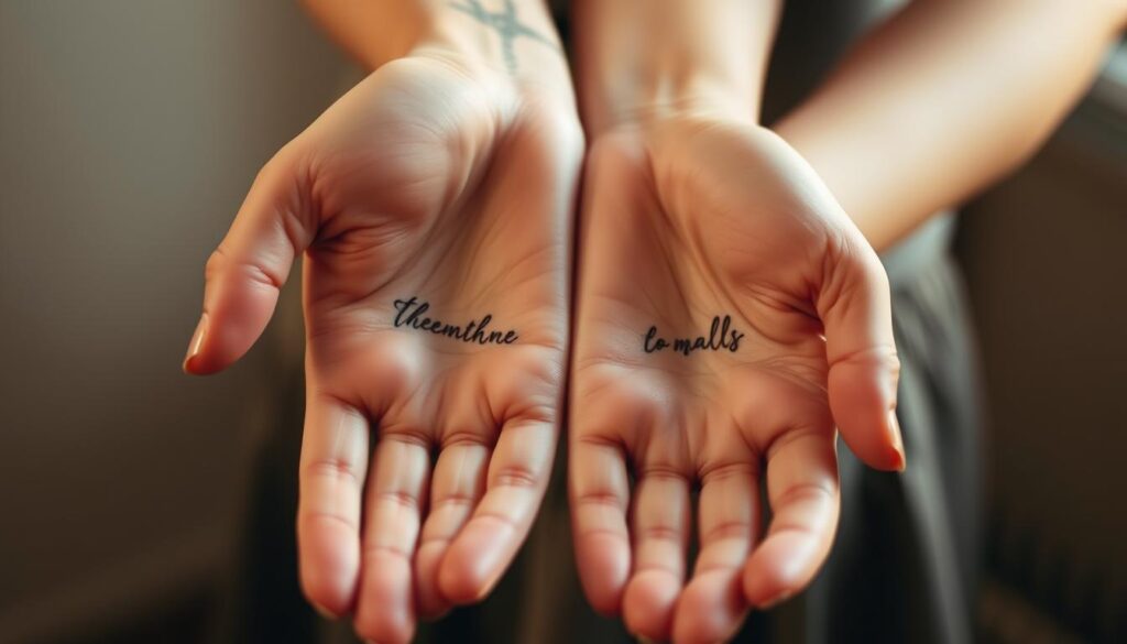 A serene close-up of delicate female hands, palm facing up, revealing elegant cursive Bible verse tattoos on the wrist and forearm. The tattoos are simple yet impactful, with a subtle, minimalist style that evokes a sense of quiet spirituality. Warm, diffused lighting from the side creates soft shadows, emphasizing the intricate line work and the smooth skin. The background is blurred, keeping the focus on the tattoos and the hands, conveying a sense of personal, intimate contemplation. The overall mood is one of reverence, reflection, and the profound personal significance of these meaningful Scripture verses.