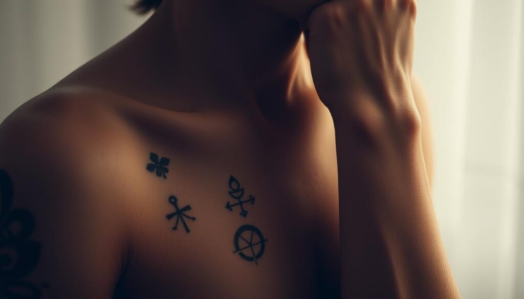 A serene close-up of several meaningful tattoos decorating a person's skin. The tattoos range from intricate line art to minimalist symbols, each one deeply personal and significant to the individual. The lighting is soft and diffused, creating a warm, intimate atmosphere. The focus is on the tattoos themselves, with the background blurred and muted, allowing the unique designs to take center stage. The overall mood is one of self-expression, personal growth, and the power of using one's body as a canvas to tell a story.