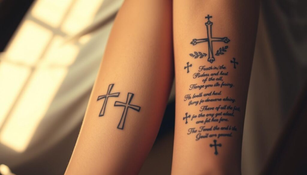 A serene close-up of two arms, skin adorned with intricate religious tattoos. The foreground features delicate, interwoven designs of crosses, biblical verses, and symbolic imagery such as doves or olive branches, rendered in a soft, muted palette. The lighting is warm and diffused, casting a gentle glow across the tattooed skin. The background is blurred, allowing the viewer to focus on the meaningful details of the tattoos and their expressive, faith-filled nature. The overall mood is one of quiet contemplation and personal connection to one's beliefs.