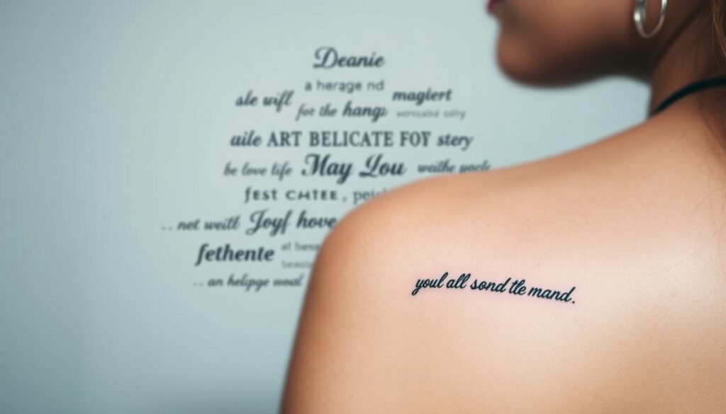A serene close-up of various inspirational quote tattoo ideas, captured with a soft, diffused lighting and a shallow depth of field. The foreground features a minimalist script tattoo of a simple yet profound quote, delicately inked on a model's skin. In the middle ground, a collection of small, meaningful word tattoos arranged in an organic, visually striking composition, showcasing a range of fonts, styles, and placements. The background gently blurs, creating a tranquil, introspective atmosphere that invites the viewer to contemplate the deep significance of these thoughtfully chosen words etched onto the human canvas.