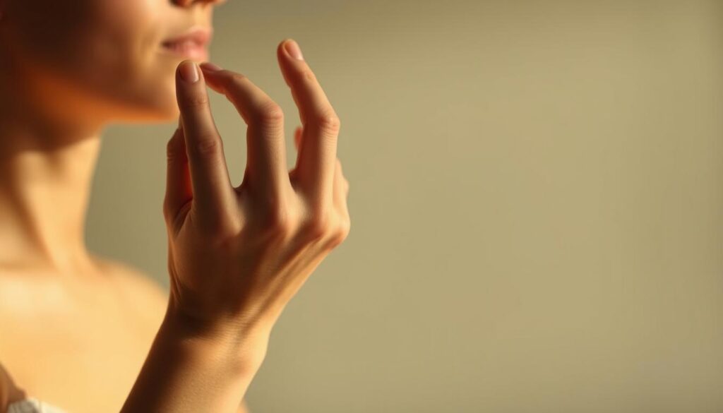 A serene, close-up portrait of a person's hand against a soft, blurred background. The hand is positioned prominently, with fingers spread slightly to reveal the delicate skin and subtle texture. The lighting is warm and diffused, casting a gentle glow and creating subtle shadows that accentuate the hand's contours. The overall mood is introspective, inviting the viewer to consider the personal factors that influence one's pain tolerance and experience, such as genetics, past experiences, and emotional state.