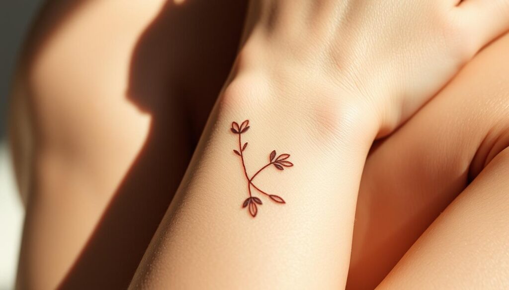 A serene, close-up shot of a human arm and wrist, adorned with delicate, aesthetic tattoos. The tattoos feature intricate floral patterns, minimalist lines, and subtle geometric shapes in muted, earthy tones. The skin has a soft, glowing quality, with natural lighting accentuating the subtle textures and shades. The composition emphasizes the beauty and artistry of the tattoos, capturing their elegance and personal significance. The overall mood is one of tranquility, balance, and personal expression.
