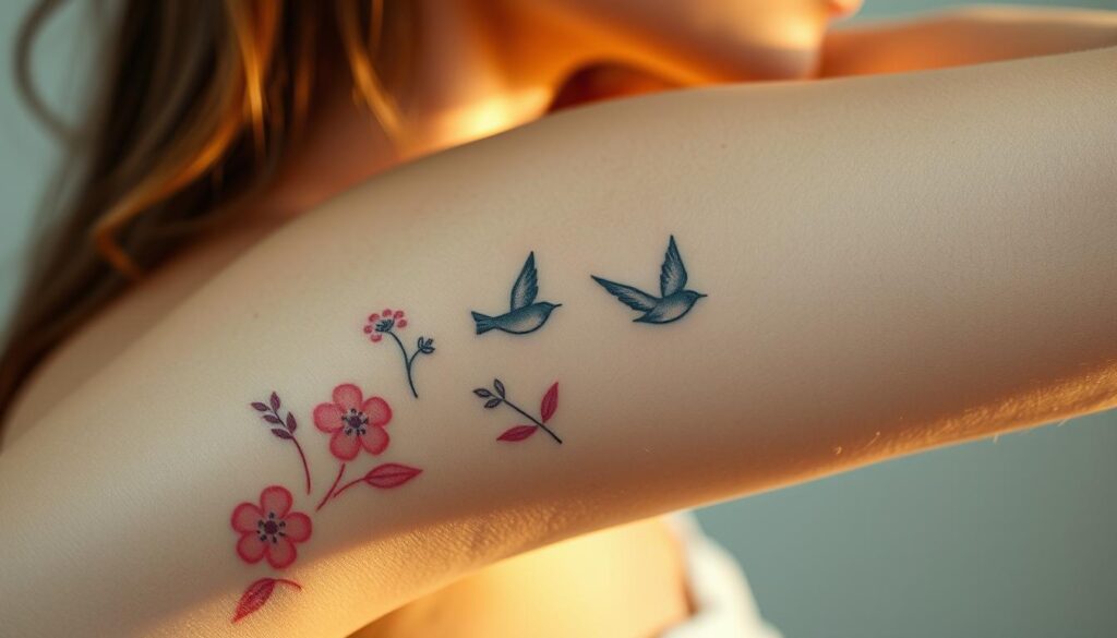 A serene close-up shot of a woman's arm, gently illuminated by soft, warm lighting. The skin is adorned with a delicate pattern of pastel-colored tattoos - flowers, birds, and abstract designs that gracefully cover old scars. The tattoos blend seamlessly with the skin, creating a sense of harmony and healing. The composition emphasizes the feminine, vulnerable, yet empowered nature of the subject, conveying a message of resilience and self-expression. The image is shot with a medium-length lens, providing a sense of intimacy and focus on the intricate details of the tattoos.