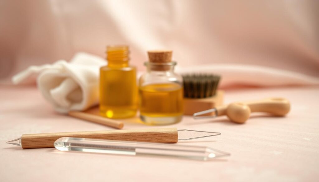 A serene, close-up shot of an assortment of natural nail care tools and products against a soft, diffused background. In the foreground, a delicate glass file, a wooden cuticle pusher, and a glass nail buffer rest on a pastel-colored surface. In the middle ground, a small glass jar filled with nourishing cuticle oil and a small, wooden nail brush come into view. The lighting is soft and diffused, creating a calming, spa-like atmosphere. The overall composition conveys a sense of gentleness, mindfulness, and alternative solutions for acrylic nail removal. A serene, close-up shot of an assortment of natural nail care tools and products against a soft, diffused background. In the foreground, a delicate glass file, a wooden cuticle pusher, and a glass nail buffer rest on a pastel-colored surface. In the middle ground, a small glass jar filled with nourishing cuticle oil and a small, wooden nail brush come into view. The lighting is soft and diffused, creating a calming, spa-like atmosphere. The overall composition conveys a sense of gentleness, mindfulness, and alternative solutions for acrylic nail removal.
