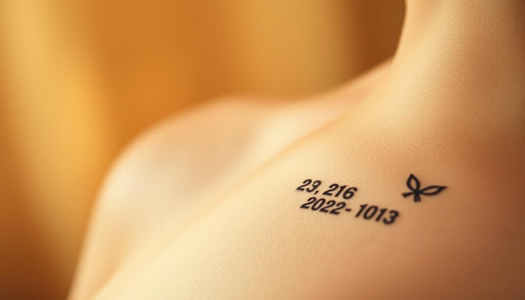 A serene, close-up shot of delicate memorial tattoo designs against a softly blurred, warm-toned background. The foreground features intricate linework and shading depicting personal symbols, dates, or nature motifs, thoughtfully arranged in a harmonious composition. Subtle highlights and shadows create depth and texture, while a muted, earthy color palette evokes a sense of tranquility and reverence. The overall mood is one of thoughtful contemplation and heartfelt tribute, capturing the essence of a personalized memorial tattoo that honors a cherished loved one.