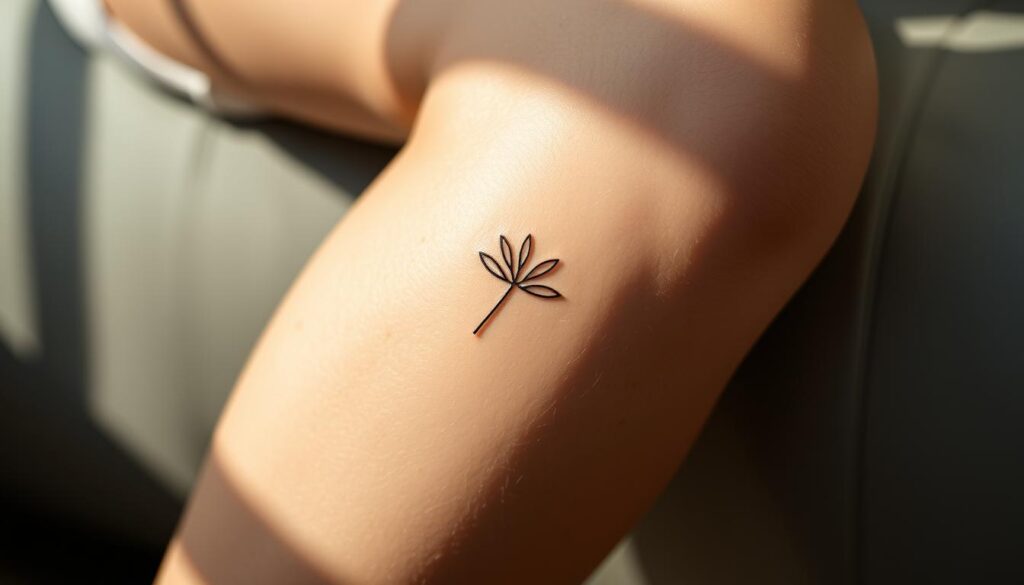 A serene, close-up view of a delicate knee tattoo symbolizing the wearer's personal journey. The design features a minimalist, abstract floral motif with clean lines and subtle shading, conveying a sense of balance and harmony. Soft, diffused natural lighting gently illuminates the skin, highlighting the intricate details of the tattoo. The composition emphasizes the elegant contours of the knee, creating a visually captivating and meaningful image.