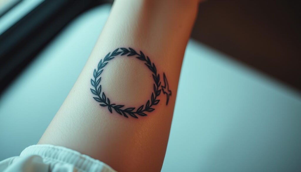 A serene, close-up view of a person's arm, featuring a delicately designed tattoo inspired by biblical wisdom. The tattoo displays intricate patterns and symbols, including a laurel wreath, olive branches, and a dove in flight, all rendered in a soft, muted color palette. The skin surrounding the tattoo is depicted with realistic texture and subtle shadows, creating a sense of depth and dimensionality. The lighting is soft and diffused, lending a contemplative, reverent atmosphere to the scene. The composition emphasizes the beauty and significance of the tattoo as a personal expression of faith and spiritual reflection.