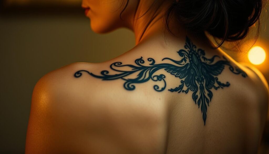 A serene, close-up view of a woman's back, highlighting the placement of a large, intricate tattoo design. The design spans across the upper back and shoulder, blending seamlessly with the natural curves of the body. The skin has a soft, luminous glow, illuminated by warm, diffused lighting that casts gentle shadows, emphasizing the contours. The background is subtly blurred, keeping the focus on the tattoo placement and the elegant pose of the subject. The overall mood is one of tranquility and artistry, inviting the viewer to appreciate the thoughtful positioning of the tattoo design.