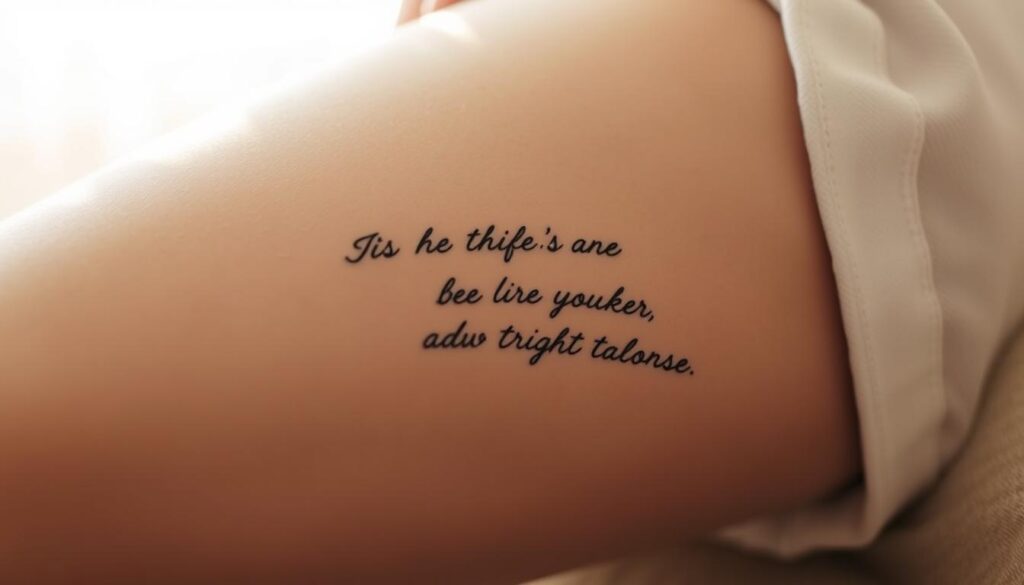 A serene, close-up view of a woman's thigh, delicately illuminated by a soft, natural light. Inspirational quote tattoos are elegantly inked across the skin, their words embodying themes of life, strength, and personal growth. The tattoos are meticulously detailed, with subtle variations in line work and shading, conveying a sense of depth and artistry. The background is blurred, allowing the focus to remain solely on the empowering message of the tattoos. The overall composition evokes a sense of mindfulness, introspection, and a celebration of the human form as a canvas for self-expression.