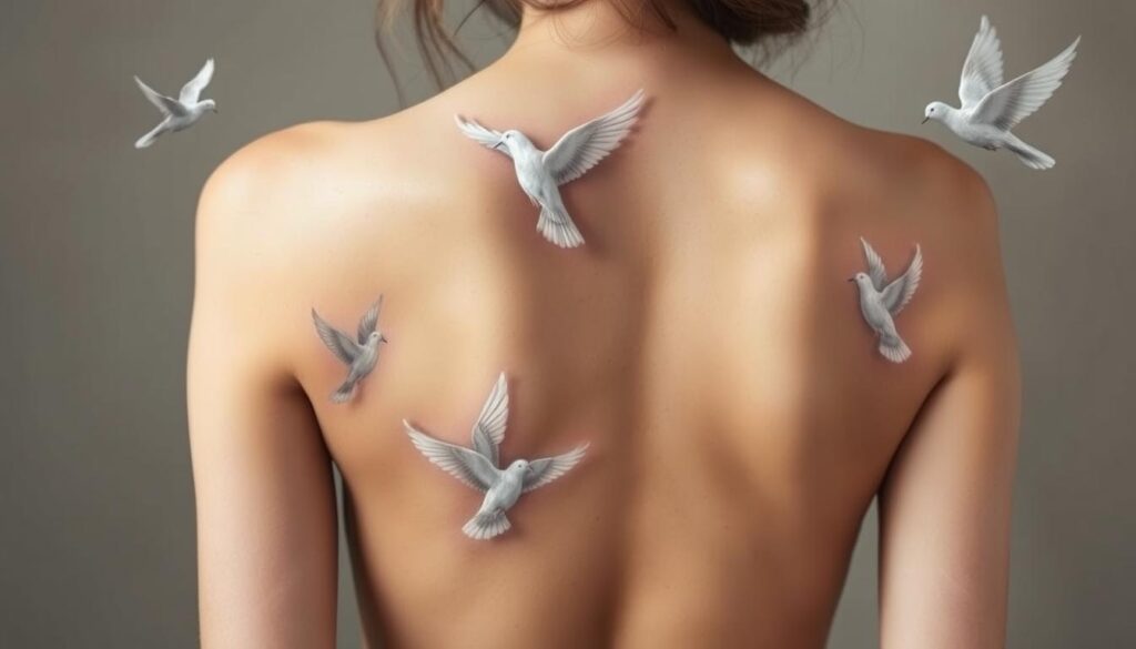 A serene, close-up view of several dove tattoo placement ideas on a human body. The doves are depicted in various sizes and positions, with a focus on common tattoo spots like the back, shoulder, ribcage, and wrist. The doves are rendered in a soft, ethereal style with delicate feather details and subtle shading, creating a sense of tranquility and spirituality. The background is a muted, natural tone that allows the tattoo placements to be the central focus. Soft, diffused lighting casts a gentle glow, emphasizing the organic and elegant nature of the dove tattoos.