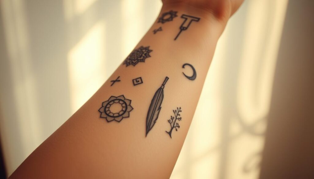 A serene, close-up view of several symbolic tattoos on a human limb, against a softly blurred, ethereal background. The tattoos depict various spiritual and meaningful symbols such as an intricate mandala, a crescent moon, a delicate feather, and a minimalist tree of life. The tattoos are depicted with fine, precise linework and subtle shading, creating a sense of depth and dimension. The lighting is soft and diffused, casting a warm, contemplative glow over the scene. The overall mood is one of introspection, tranquility, and the exploration of personal meaning through body art.