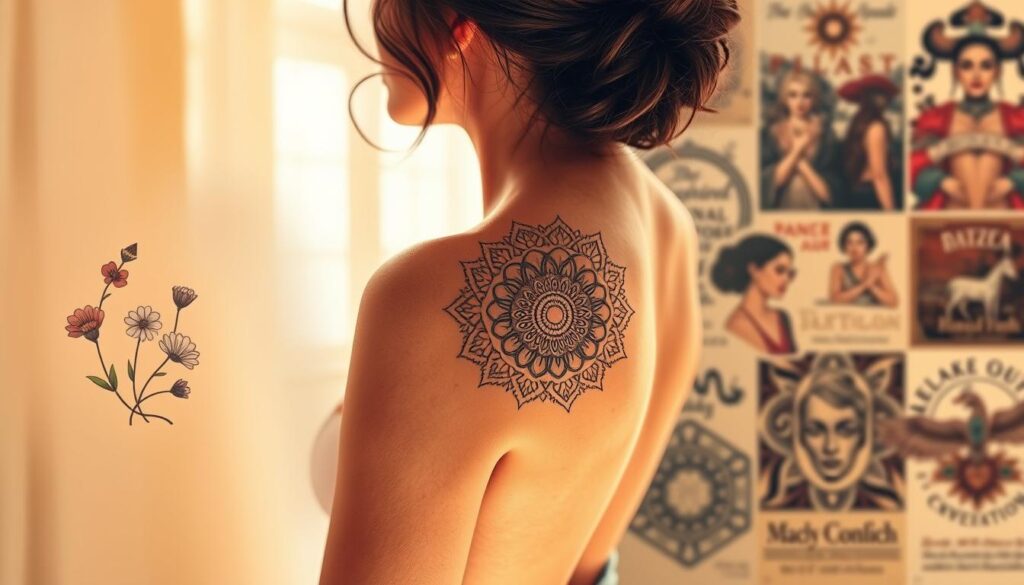 A serene collage depicting the evolution of women's tattoo culture, showcased against a softly lit backdrop. In the foreground, a delicate floral tattoo adorns a graceful feminine silhouette, capturing the modern, minimalist aesthetic. In the middle ground, a detailed mandala tattoo shimmers with intricate patterns, symbolizing the spiritual journey of the wearer. In the background, a hazy montage of vintage-inspired, bold tattoo designs pays homage to the rich, rebellious history of the art form. Warm, natural lighting casts a gentle glow, evoking a sense of timeless beauty and personal expression. A serene collage depicting the evolution of women's tattoo culture, showcased against a softly lit backdrop. In the foreground, a delicate floral tattoo adorns a graceful feminine silhouette, capturing the modern, minimalist aesthetic. In the middle ground, a detailed mandala tattoo shimmers with intricate patterns, symbolizing the spiritual journey of the wearer. In the background, a hazy montage of vintage-inspired, bold tattoo designs pays homage to the rich, rebellious history of the art form. Warm, natural lighting casts a gentle glow, evoking a sense of timeless beauty and personal expression.