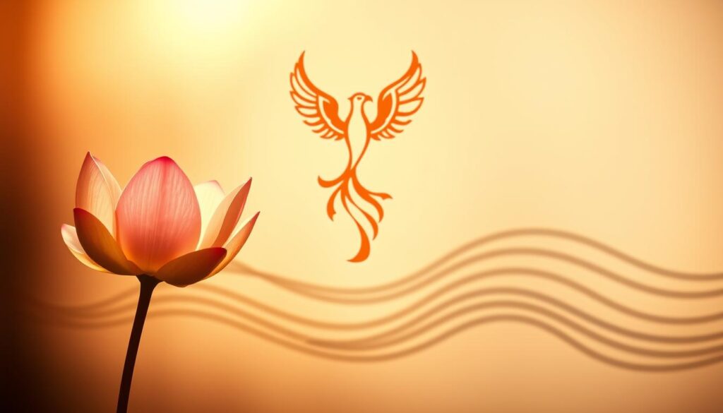 A serene collage of recovery tattoo symbols, captured in a soft, warm light. In the foreground, a delicate lotus flower blooms, symbolizing the beauty that can emerge from adversity. In the middle ground, a soaring phoenix rises from the ashes, representing the power of transformation and rebirth. In the background, a calming wave pattern evokes the ebb and flow of the recovery journey. The overall composition exudes a sense of hope, resilience, and the quiet strength found in embracing one's path to healing.