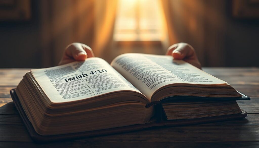 A serene, contemplative image of the Bible verse "Isaiah 41:10" displayed on a weathered leather-bound book. The book is placed on a wooden table, with a ray of warm, golden light streaming through a window, casting a soft glow on the scene. In the background, a pair of sturdy hands gently hold the book open, symbolizing the personal, spiritual connection to the verse. The composition evokes a sense of comfort, strength, and unwavering faith, capturing the essence of this popular Bible verse tattoo design for men.