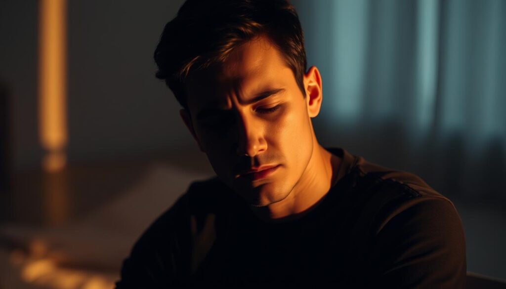 A serene, contemplative scene depicting a person deeply engrossed in introspection, recognizing the triggers that may lead them down an undesirable path. The figure is seated in a dimly lit room, illuminated by soft, warm lighting that casts gentle shadows, creating a sense of focus and self-reflection. The background is hazy, blurred, and neutral, allowing the viewer's attention to be drawn to the central figure. Their expression is one of deep concentration, brow furrowed, eyes closed, as they navigate the complexities of their own thoughts and emotions. The overall atmosphere is one of quiet, deliberate self-awareness, a moment of pause and clarity amidst the chaos of daily life.