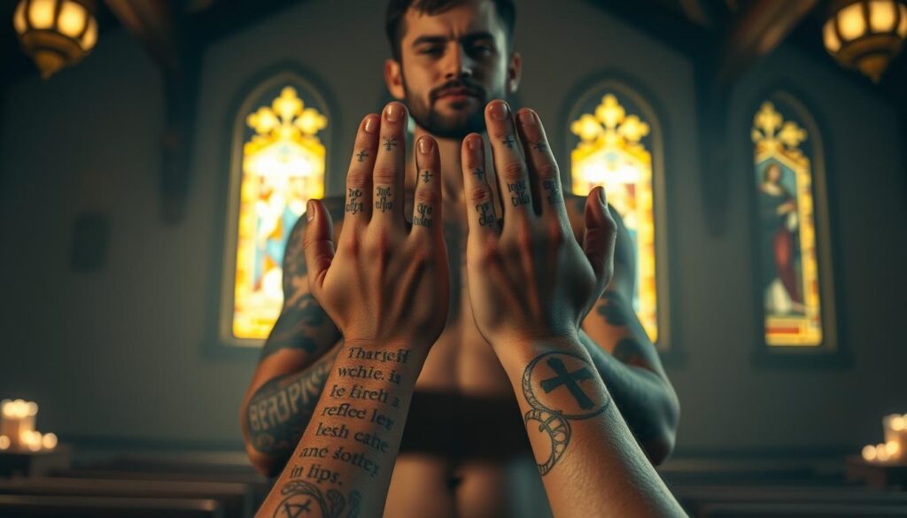 A serene, dimly lit chapel interior with stained glass windows casting warm, ethereal light. In the foreground, a male figure's hands are adorned with intricate biblical tattoos, each design meticulously rendered with reverence and spiritual significance. The middle ground showcases the man's torso, his skin a canvas for these sacred symbols. In the background, a sense of tranquility and contemplation pervades the scene, inviting the viewer to ponder the intersection of faith and personal expression.
