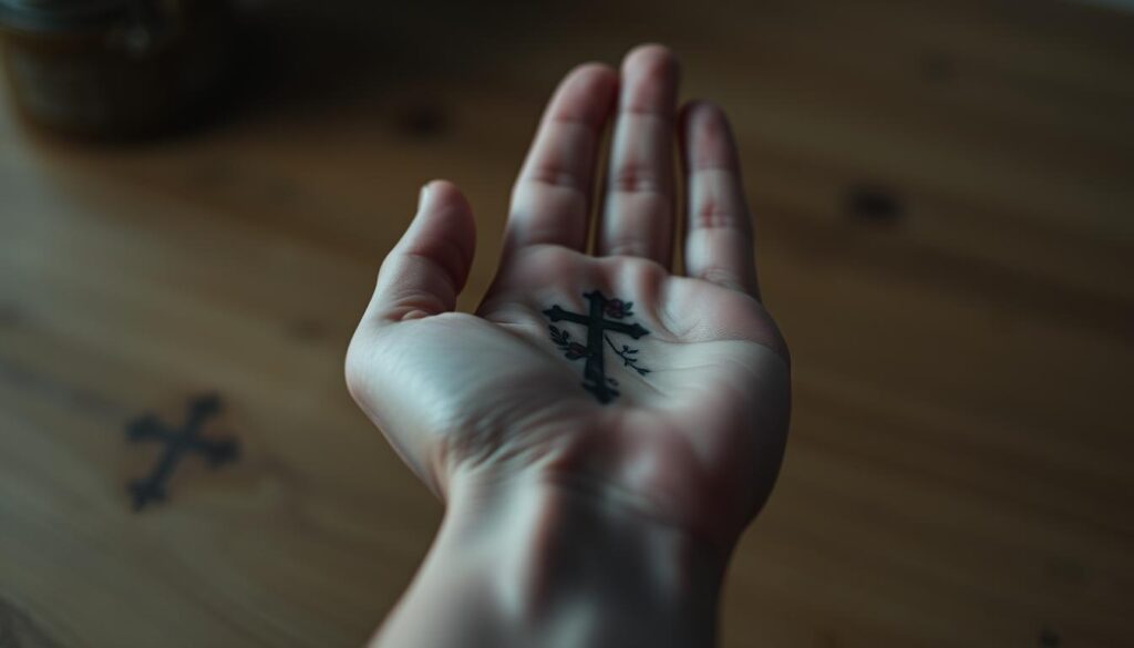 A serene, dimly lit close-up of a delicate female hand, palm up, revealing a finely-detailed tattoo design of a cross and abstract floral motifs. The skin has a soft, ethereal glow, hinting at the spiritual and introspective nature of the subject. In the background, blurred out of focus, a simple wooden surface suggests a tranquil, contemplative setting. The overall mood is one of quiet reverence and contemplation, inviting the viewer to meditate on the interplay of faith, trust, and personal expression.